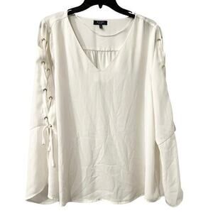 Kaari Blue Woman White V neck Shirred Split corset bell sleeve loose fit size L